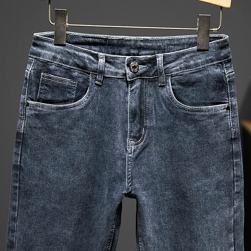 2024 New Spring Autumn Men's Nine-Point Pants Slim Jeans Fashion Casual Denim Trousers Smoke Gray Blue Gray Brand Clothing.