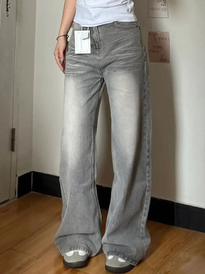 Vintage Wide-Leg Jeans Grey American Style Straight-Leg Casual Pants For Women Loose Fit Draped Spring Autumn 2024 New Arrival.