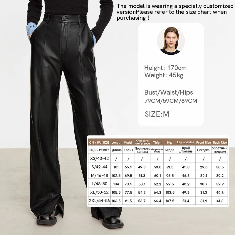 AMII Minimalist Casual Pants for Women 2025 Autumn Clothing PU Leather Loose Straight Pants Slit Office Lady Trousers 12343250