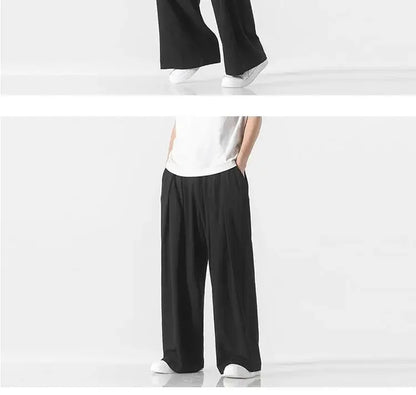 Hanfu Spirit Draped Linen Pants For Men Straight-leg Casual Trousers Chinese Style Loose-fit Ancient Wide-leg Song Trousers