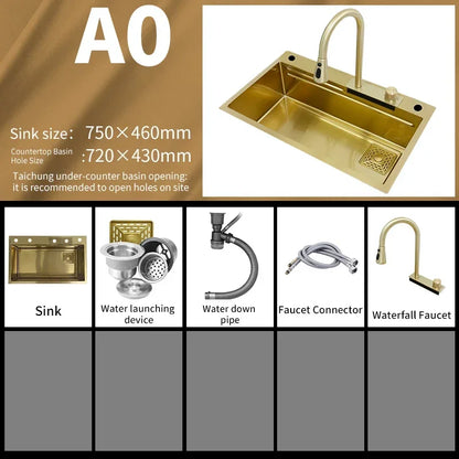 Waterfall Kitchen Sink Gold 304 Stainless Steel Modern Multifuctional Large Sink  Above Counter Apron Front Installation