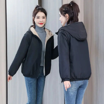 Women's Fleece Coat Winter Warm Thicken Solid Windbreaker Hooded Cotton Plush Hooded Jackets Casual Outdoor Windproof Jacket.