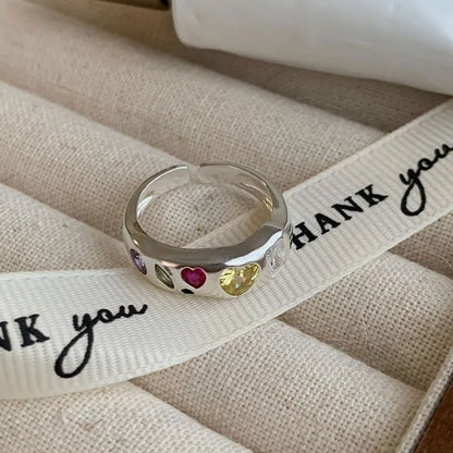 925 Sterling Silver Simple Colorful Heart Stone RingsFor Women Geometric Fashion Smiple Open Handmade Allergy Party Jewelry Gift.