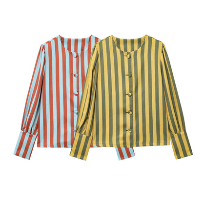 women's fashionable and versatile round neck long sleeved striped bubble sleeve temperament summer new top.