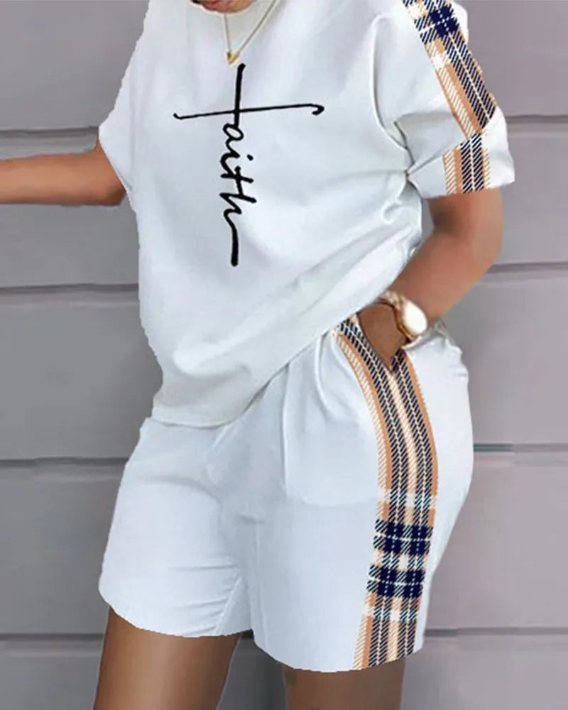 Women Casual Short Sleeve Outfit 2024 Summer Fashion Letter Printed O Neck Pocket Suit Female T Shirt Top Shorts Two Pieces Set.