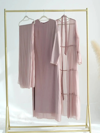 Chiffon Sheer Open Abaya Set Hijabi Muslim Women Party Ramadan Islamic Clothing  Dubai Turkey Kaftan Crepe Kimono Open Abayas