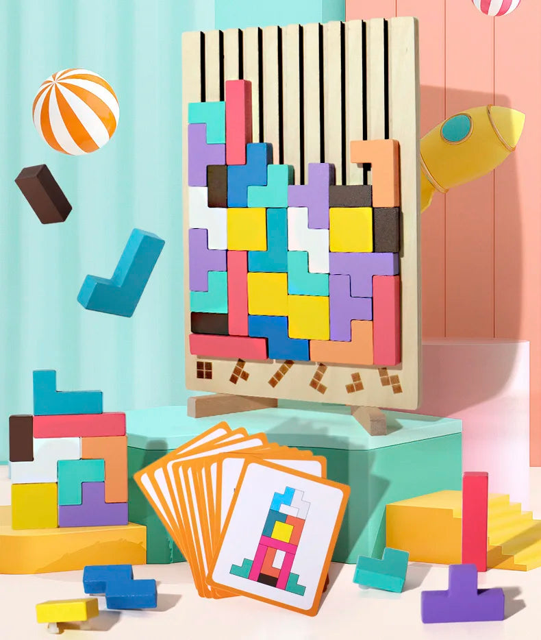 Wooden 3D Russian Blocks Puzzle Brain Teasers Toy Tangram Jigsaw Intelligence Colorful Blocks Montessori Educational.
