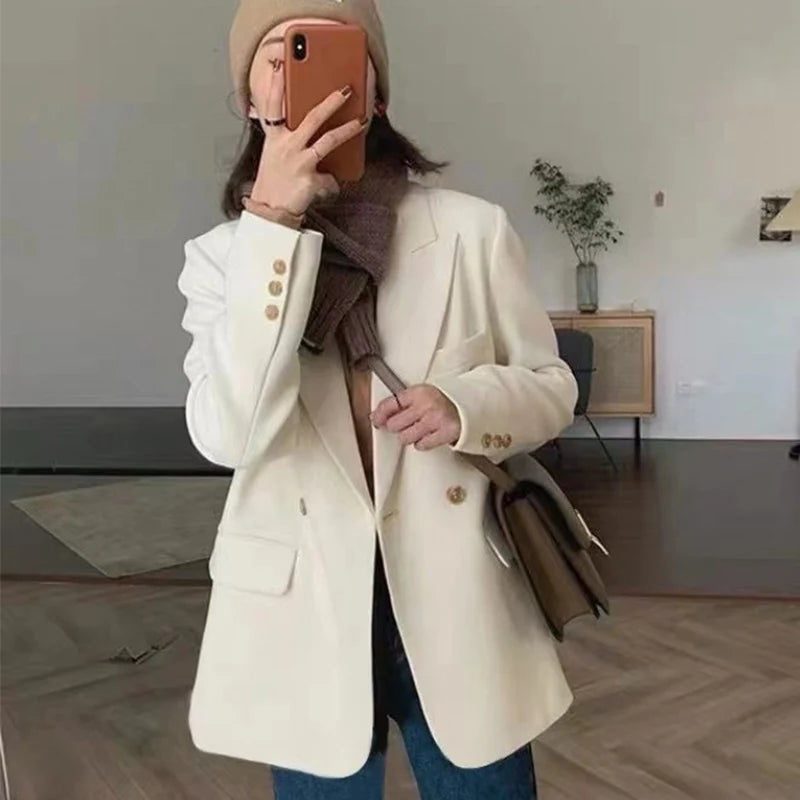 Koreanische Weiß Anzug Mantel Frauen Elegante Langarm Revers Blazer für Frau Herbst Winter Einzigen Taste Einfarbig Business Jacke.