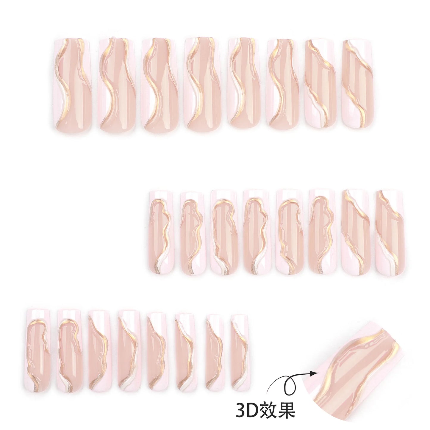 24Pcs 3D Long Ballet False Nails White Coffin Wave with French Design Wearable Fake Nails Gold Line Full Cover Press on Nails.