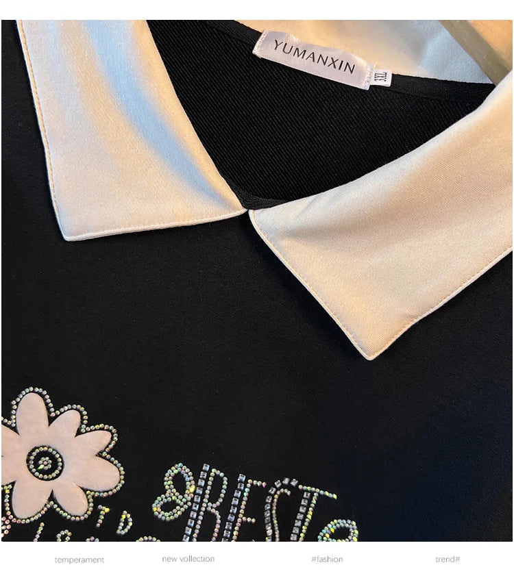 175kg plus size Damen büste Frühling Herbst lose Kragen bedruckt Langarm Sweatshirt schwarz rosa 4xl 5xl 6xl 7xl 8xl 9xl.