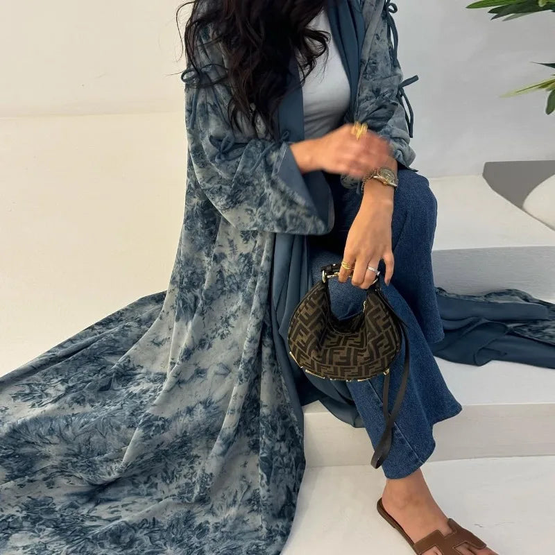 2025 sommer Arabisch Frauen Muslimische Kleidung Ramadan Dubai Offene Abaya Kleid mit Hijab Islam Gedruckt Chiffon 2 Stück Outfit