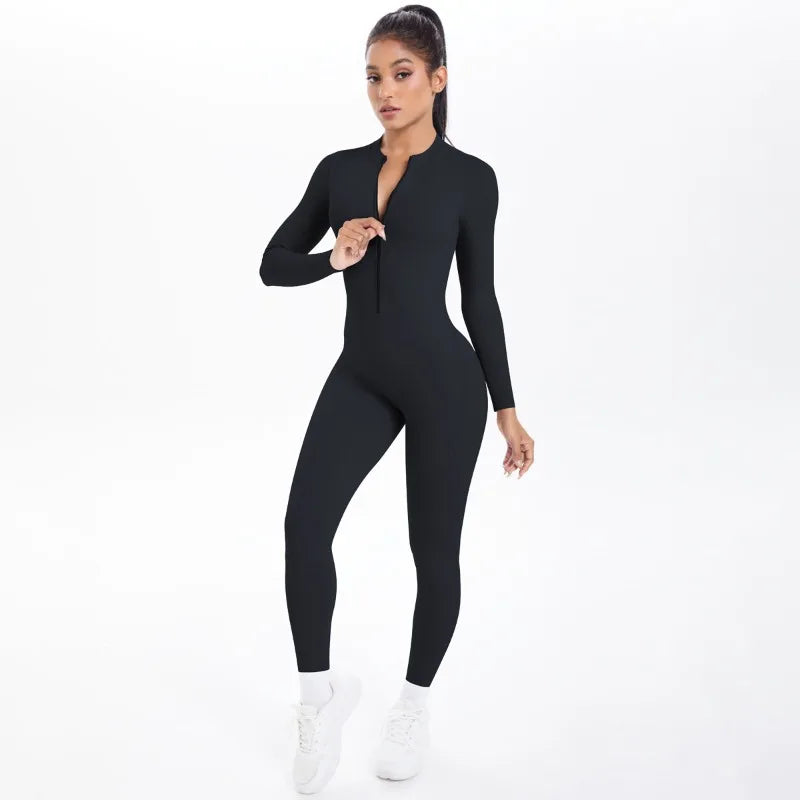 Women's Long Yoga Bodysuit with Half-Zip Sexy Back & Butt Lift for Fitness Running Outdoor Sportswear