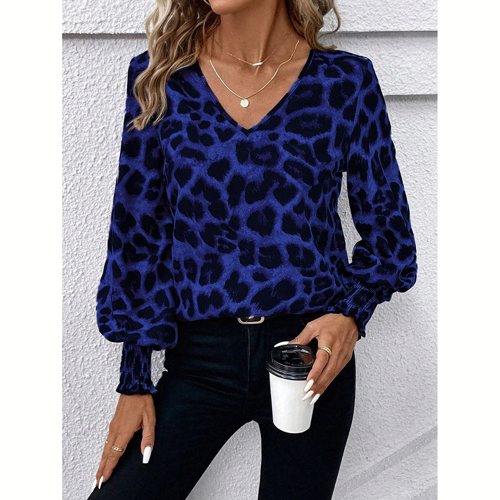Mia Muse Women's Blouses Autumn Winter Simple Fitting Slim Leopard Long Sleeve V-Neck High Street Blouses.