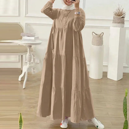 ZANZEA O Neck Casual Loose Maxi Dress Tiered Islamic Hijab Women Long Sleeve Long Vestidos Muslim Fashion Autumn Abaya Robes