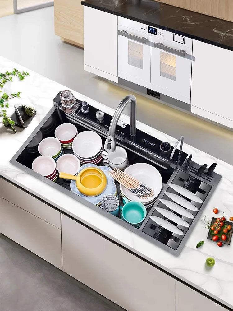 100cmx46cm Whale-Style Large Single-Bowl Kitchen Sink with Dish Rack Digital Faucet Integrated Dishwasher Multi-Functional