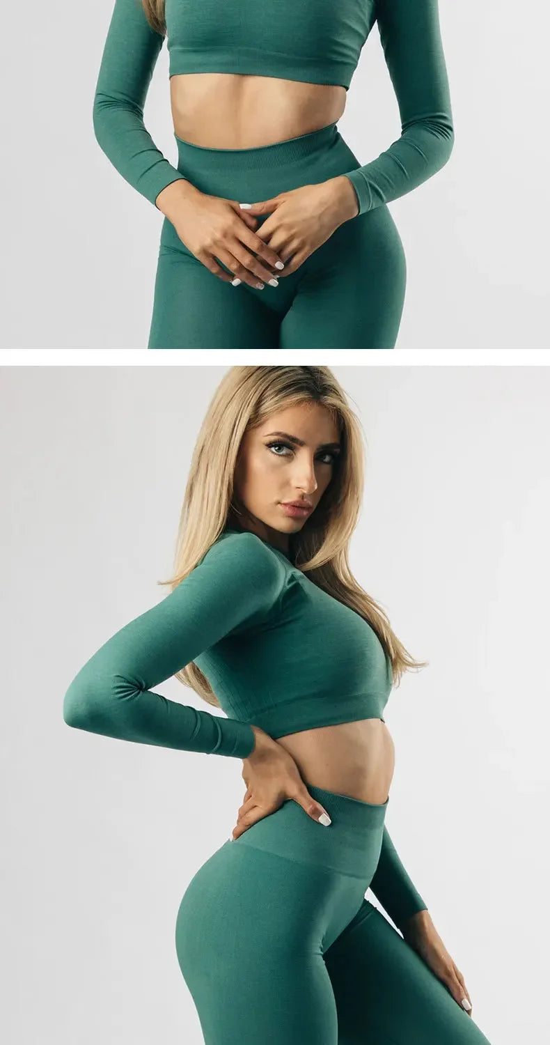 Plus Size Seamless High-Waisted Yoga Suit Long Sleeve Quick Dry Fitness Apparel Women's Promoting Legs Slimming Sportswear.