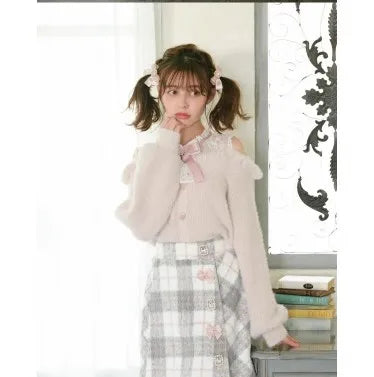 Liz-Pullover, japanische Massenproduktion, Herbst- und Winterwolle, schulterfrei, Spitze, schmaler kurzer Pullover, weicher, pelziger Strickpullover.