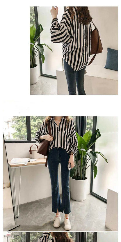 1pcs Woman Spring Autumn Stripe Shirts Lady Casual Long Sleeve Turn-down Collar Loose Shirt Female Chiffon Temperament Tops.