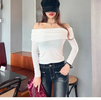 Korean Dongdaemun Spring Summer New Style Elegant One Shoulder Pleated Thin Long Sleeve Slimming Fit Cotton T-Shirt.