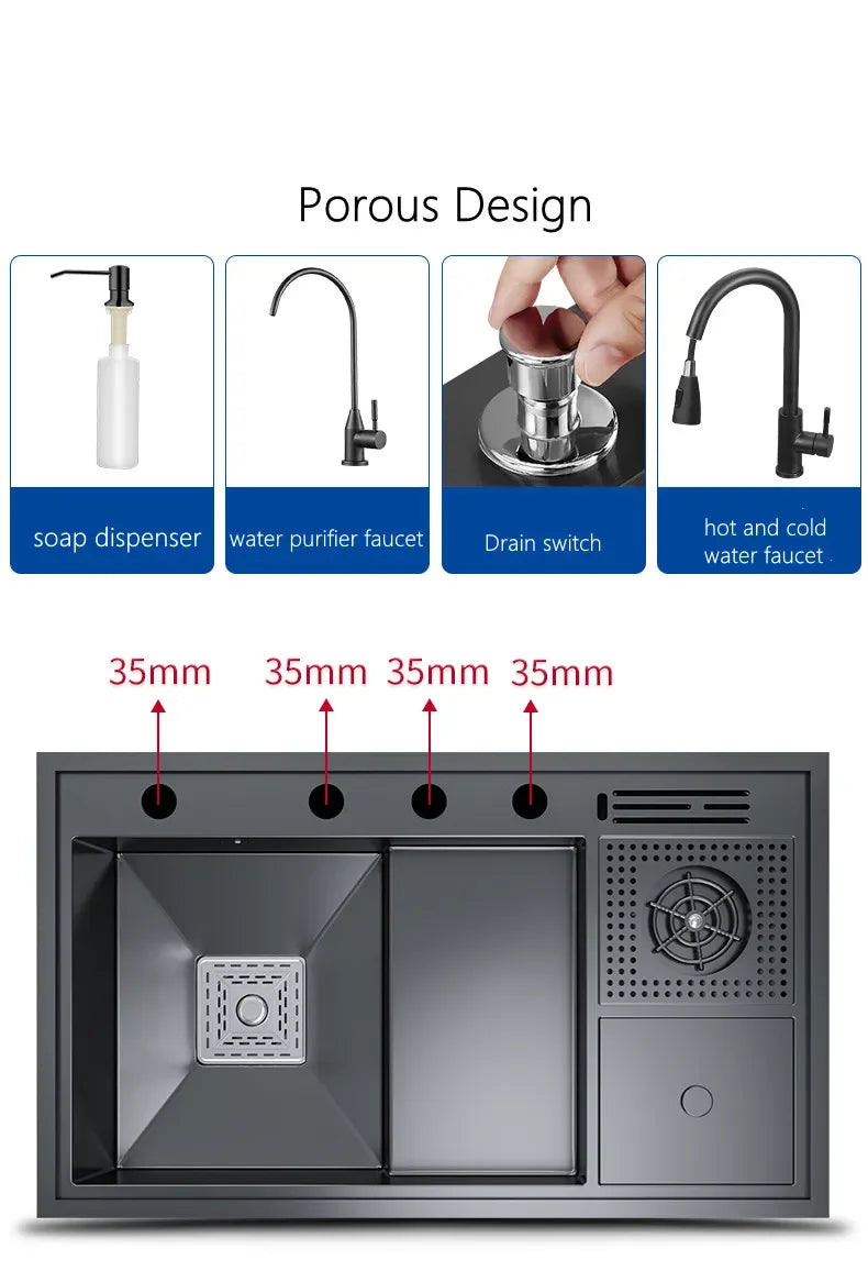 Nano Kitchen Sink Multi-Function Stepped Kitchen Sink 304 Stainless Steel Vegetable Washing Basin With High Pressure Cup Washer