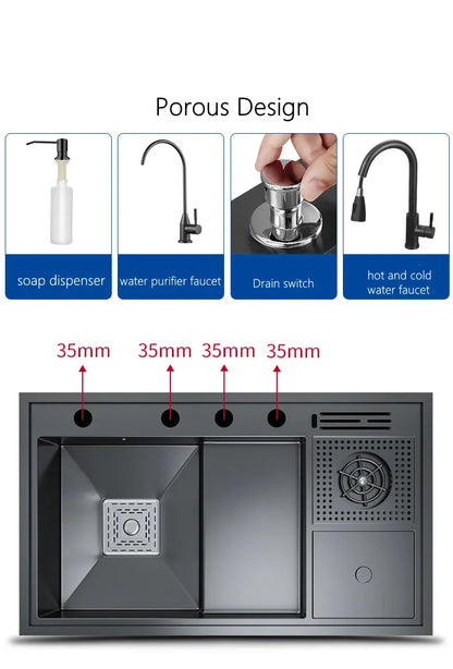 Nano Kitchen Sink Multi-Function Stepped Kitchen Sink 304 Stainless Steel Vegetable Washing Basin With High Pressure Cup Washer