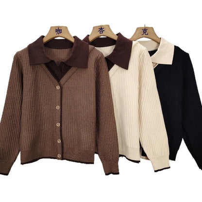 Gestrickte Frauen Top Lange Ärmeln Faux Zwei-Stück Pullover Frühling Herbst drehen-unten Kragen Modische Stilvolle Pullover Basis schicht Top.