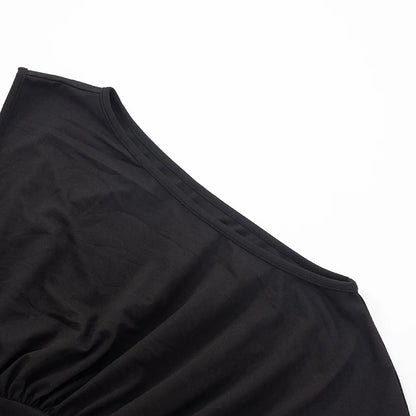 CUTENOVA Solid Color One Shoulder Slant Neck Waist Shrinking Pleated Tank Top Women'S Summer New Casual Simple Fashion Tank Top.