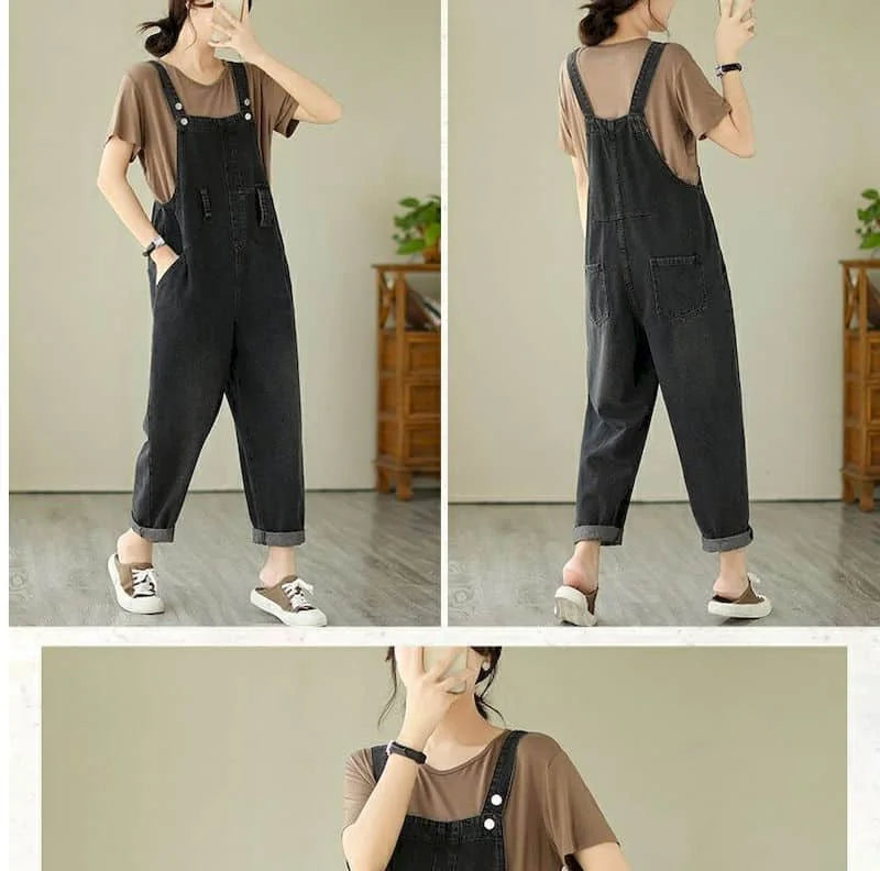 Denim Jumpsuits for Women Pocket Design Korean Style Loose Straight Pants One Piece Outfit Women Overalls for Women Playsuits.