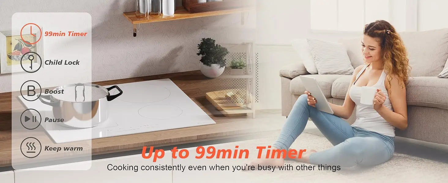 Karinear Induction Hob 4 Zones with Plug, 59CM, 3500W, White Ceramic Glass, Combination Zones, Sliding Controls, 9 Power Levels.