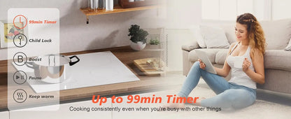 Karinear Induction Hob 4 Zones with Plug, 59CM, 3500W, White Ceramic Glass, Combination Zones, Sliding Controls, 9 Power Levels.