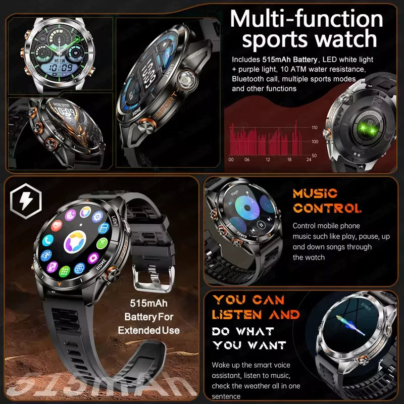 New Outdoor Sport Smart Watch Men 1.46" AMOLED Screen LED Flashlight 515mAh Battery 10ATM Waterproof Bluetooth Call Smartwatch.