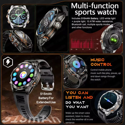 New Outdoor Sport Smart Watch Men 1.46" AMOLED Screen LED Flashlight 515mAh Battery 10ATM Waterproof Bluetooth Call Smartwatch.