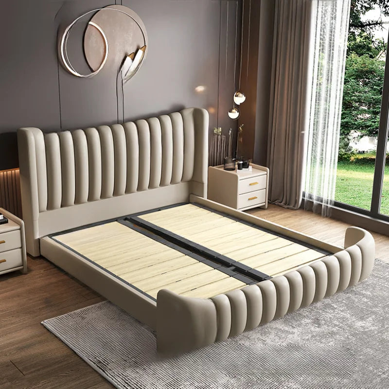 Hohes Kopfteil, Doppelbettgestell, schlichtes Holz, elegantes Queen-Size-Bett, Einzelbettgestell, Nachttische, Aufbewahrung, Cama Moderno Lujo-Möbel