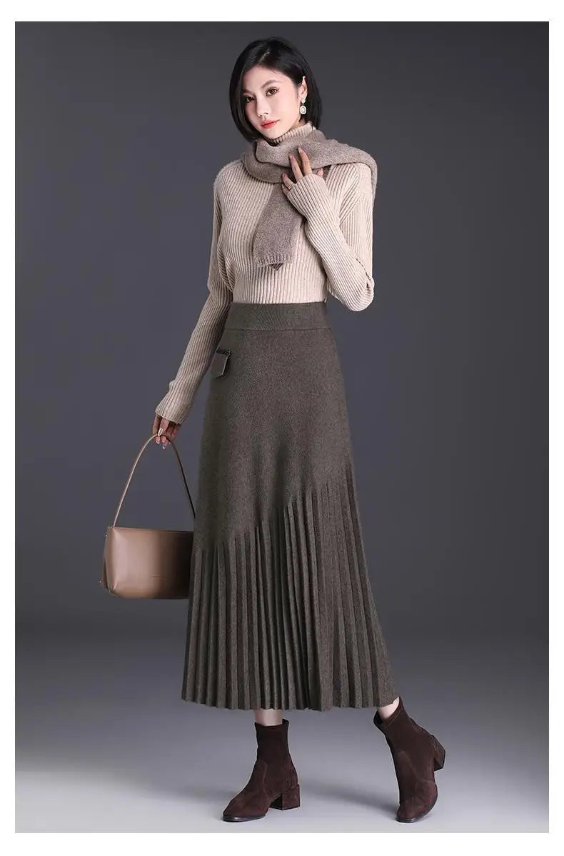 Temperament Autumn Winter New Skirts Women Solid High Waist Pleated Fashion Office Lady A-line Mid-length Knitting Pleated Skirt.