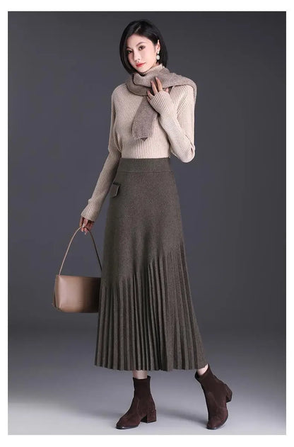 Temperament Autumn Winter New Skirts Women Solid High Waist Pleated Fashion Office Lady A-line Mid-length Knitting Pleated Skirt.