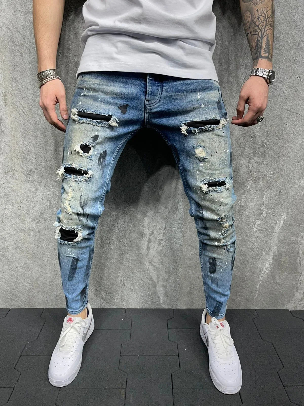 Slim-Fit-Jeans mit zerrissener Knöchelhose für Herren, bemalte Jeans.