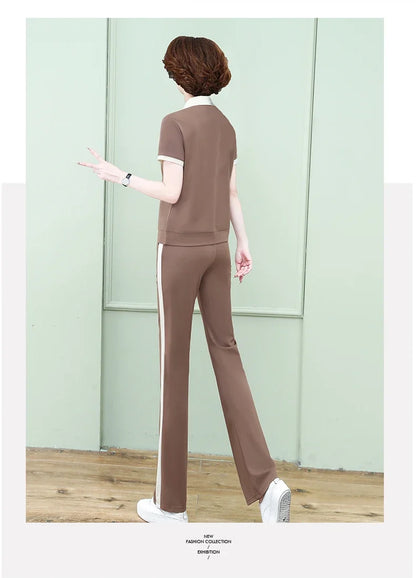 Casual Breathable Short Sleeve Sportswear Set for Middle-Aged Mothers Fashionable Summer Clothing Grandmother Style.