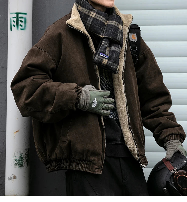 Japanese Vintage Polar Fleece Jacket Men Winter High Quality Thick Jacket Korean Streetwear Loose Couple Trendy Warm Coat Male.