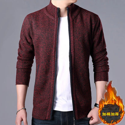 New Men's Casual High Collar Long Sleeve Knitted Top with Velvet Warmth for Autumn and Winter Fashion Multi Functional Jacket.