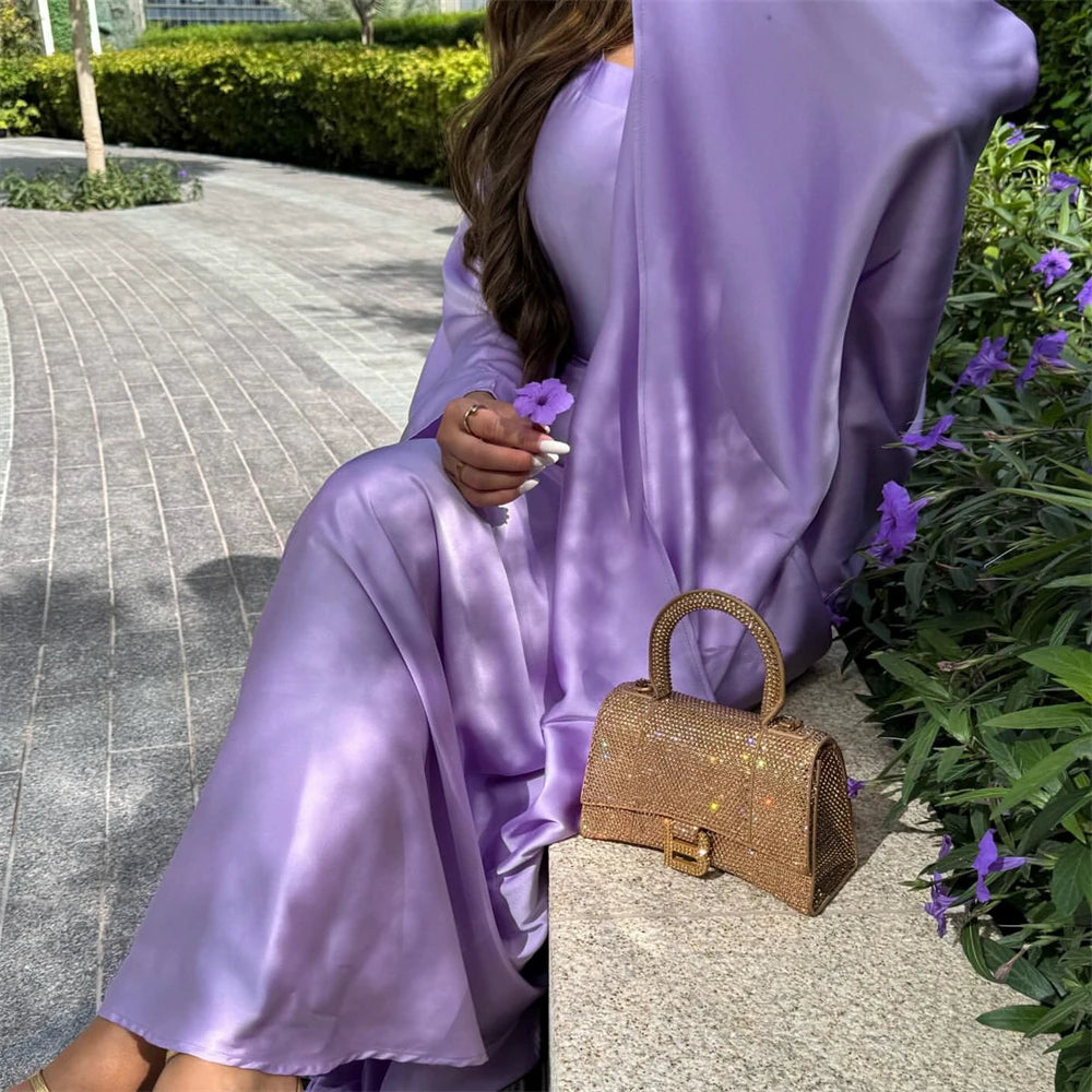 Eid glänzende Fledermaus Satin Abaya Dubai Luxus muslimische Abayas für Frauen Maxi Kaftan Kleid islamische Kleidung Kaftan Marocain Femme.