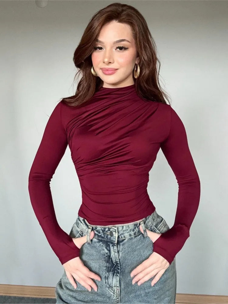 Solid Color High Neck Elegant  Tops For Woman Fashion Chic Pleated Long Sleeves Slim Shirt Spring Autumn Ladies Sexy Blouses.