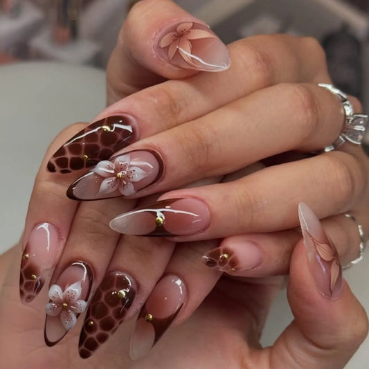 24pcs Retro Almond Press On Nails Brown Marble Cracks Ice Flower Printed False Nails European Wearable French Style Fake Nail.