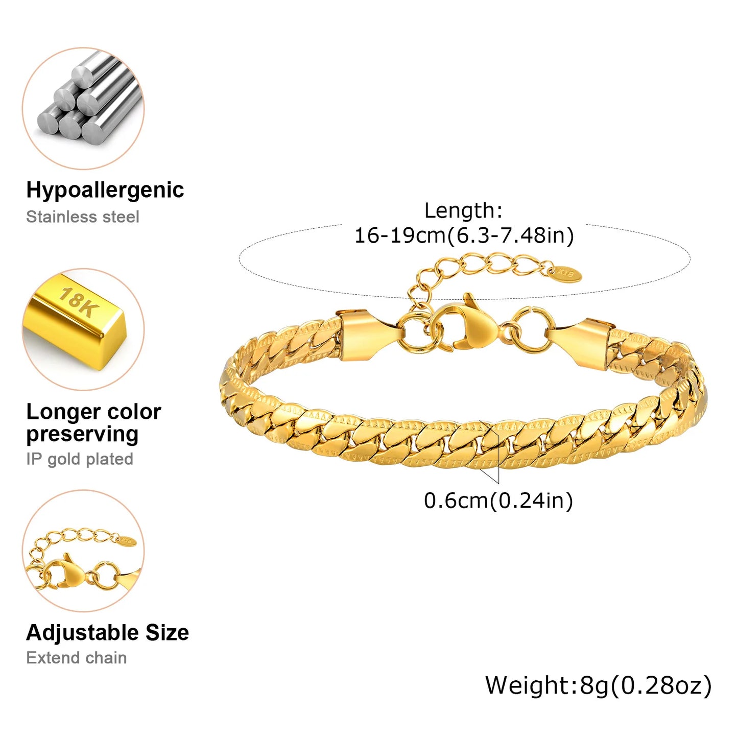 Vnox 6mm Flat Cuban Chain Bracelets for Women Girls, Macrame Edge Curb Links Bracelet,Gold Plated Stainless Steel with K18 Stamp.