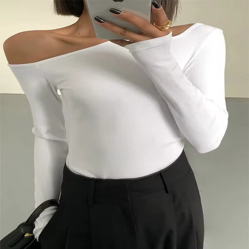 Fashion Skew Collar Off-shoulder Long-sleeved T-shirts Women Spring New Solid Slim Fit Crop Top Sexy Hollow Out Tees Shirts.