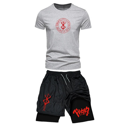 Men's Sports Streetwear Summer Breathable Casual T-shirt Set Outdoor Fitness 2-in-1 Compression Shorts Workout Track Clothes.