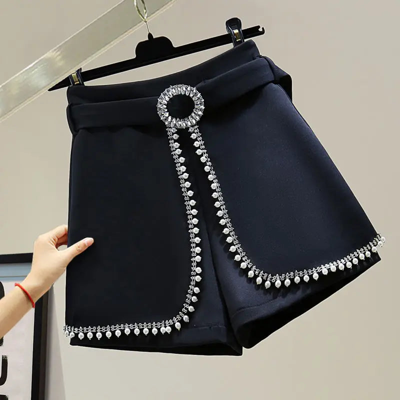 2025 Spring Summer New Simplicity Fashion Diamonds High Waist Shorts Women Clothes Fashion Patchwork Solid Color Wide Leg Pants.