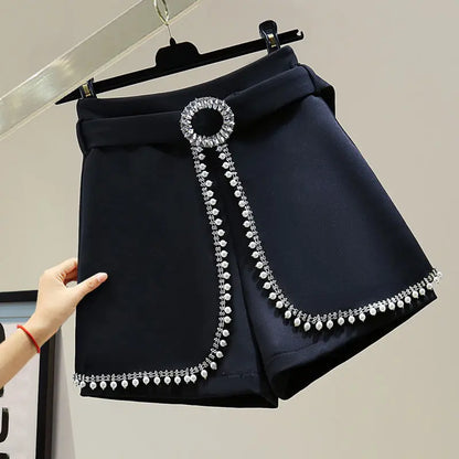 2025 Spring Summer New Simplicity Fashion Diamonds High Waist Shorts Women Clothes Fashion Patchwork Solid Color Wide Leg Pants.