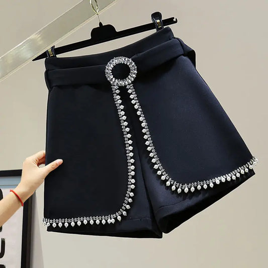 2025 Spring Summer New Simplicity Fashion Diamonds High Waist Shorts Women Clothes Fashion Patchwork Solid Color Wide Leg Pants.