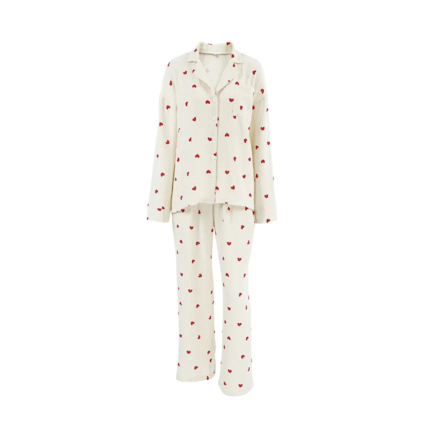 2-Piece Muslin Pajamas Set for Women 100% Cotton Love Printed Comfortable Long-Sleeved Tops Pajamas Home Wear Sleep Autumn Cloth.