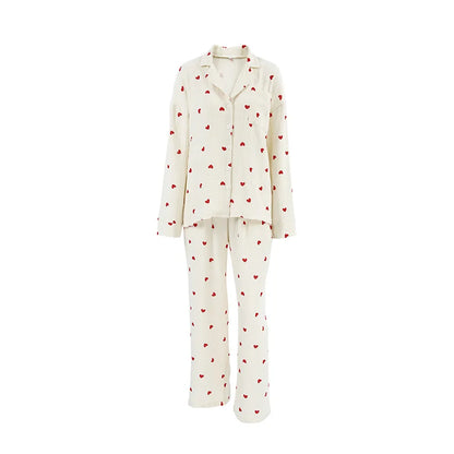 2-Piece Muslin Pajamas Set for Women 100% Cotton Love Printed Comfortable Long-Sleeved Tops Pajamas Home Wear Sleep Autumn Cloth.